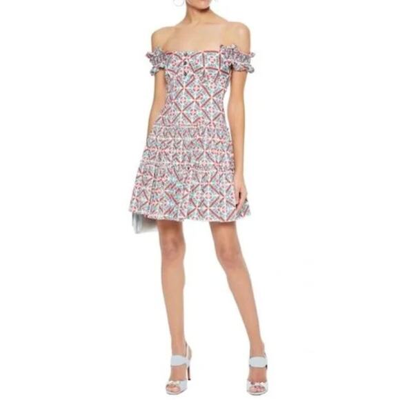 Caroline Constas Maria Square Neck Tiered Ruffle Off Shoulder Mini Dress Resort - Picture 1 of 16